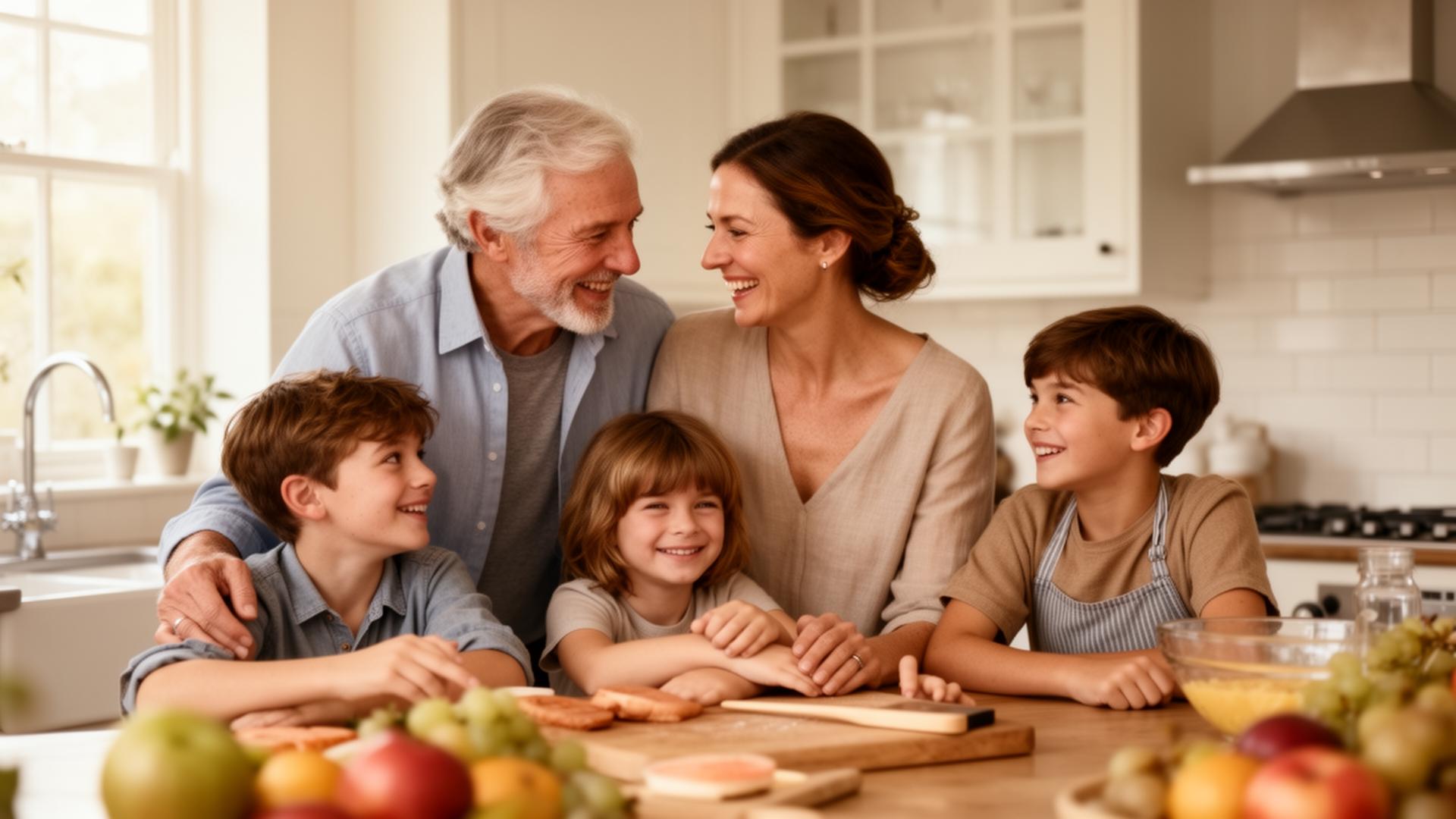 A British family together in their kitchen